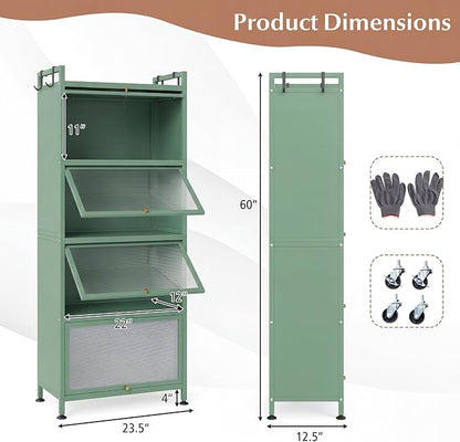 Giantex 5-Tier Kitchen Storage Cabinet, Freestanding Metal Pantry Cabinet w/ 4 Flip-up PC Doors, 4 Hooks & Adjustable Feet, 60” Tall Bakers Rack Microwave Stand for Dining Room, Living Room, Green