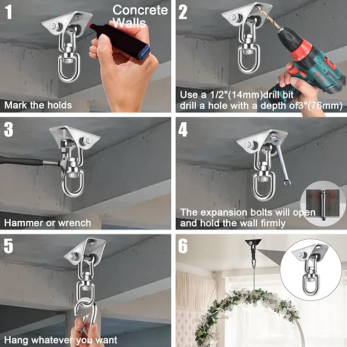 Hammock Hanging Kit, 2 Pack Hanging Chair Hardware 360°Rotating Hammock Hooks Heavy Duty, Hammock Chair Hanging Kit & Swing Ceiling Hook Snap for Hammock Chair,Heavy Bag,Seat,Yoga,Gym,1000 lb Capacity