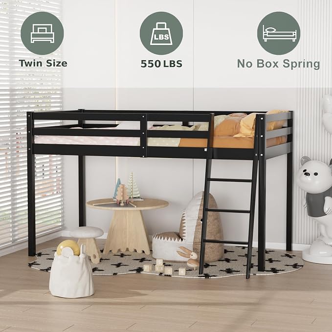 VINGLI 47'' Tall Junior Low Loft Bed with Stairs, Wood Loft Bed Twin Size for Adults, Kids and Young Teens, No Box Spring Required,Wood Slat Support, Black