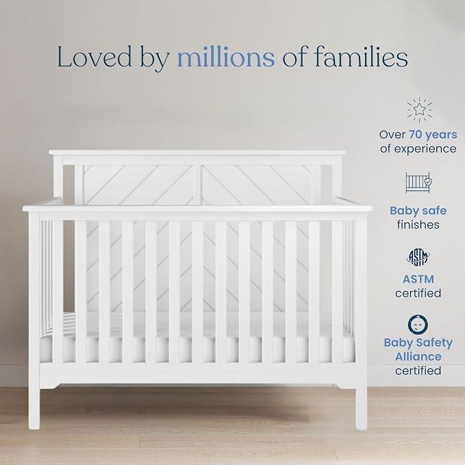 Child Craft Hampton Flat Top 4-in-1 Convertible Crib, Baby Crib Converts to Day Bed, Toddler Bed and Full Size Bed, 3 Adjustable Mattress Positions, Non-Toxic, Baby Safe Finish (Matte White)