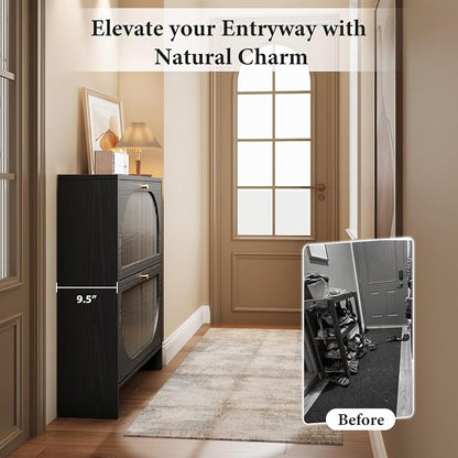 Nicetree Shoe Cabinet Storage for Entryway, Narrow Shoe Rack 2 Flip Drawers with 3-Level Adjustable Shelves, 9.5" Slim Cabinet for Small Spaces, Midnight Black Wood Storage Cabinets Fits Size 13.5