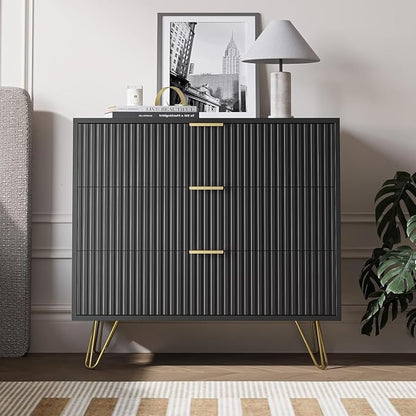 MAISONARIA 3-Piece Dresser Bedroom Set, 8 Drawer Dresser & 3 Drawer Nightstands with Gold Handles, Fluted Wood Chest of Drawers for Bedroom, Living Room, Entryway, Black