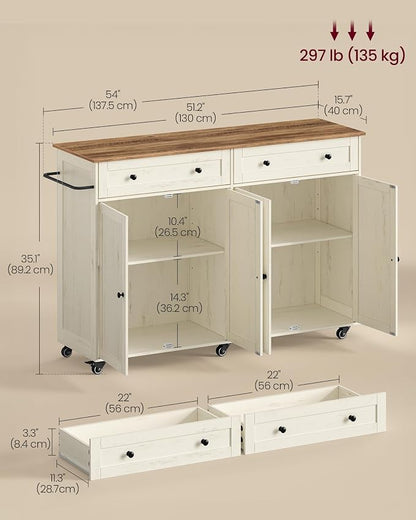 VASAGLE Mobile Kitchen Island, Portable Island on Wheels, Mobile Cart with Storage Cabinet for Dinning Room, 15.8 x 53.7 x 35.1 Inches, Rustic White and Honey Brown UKKI016WJ01S