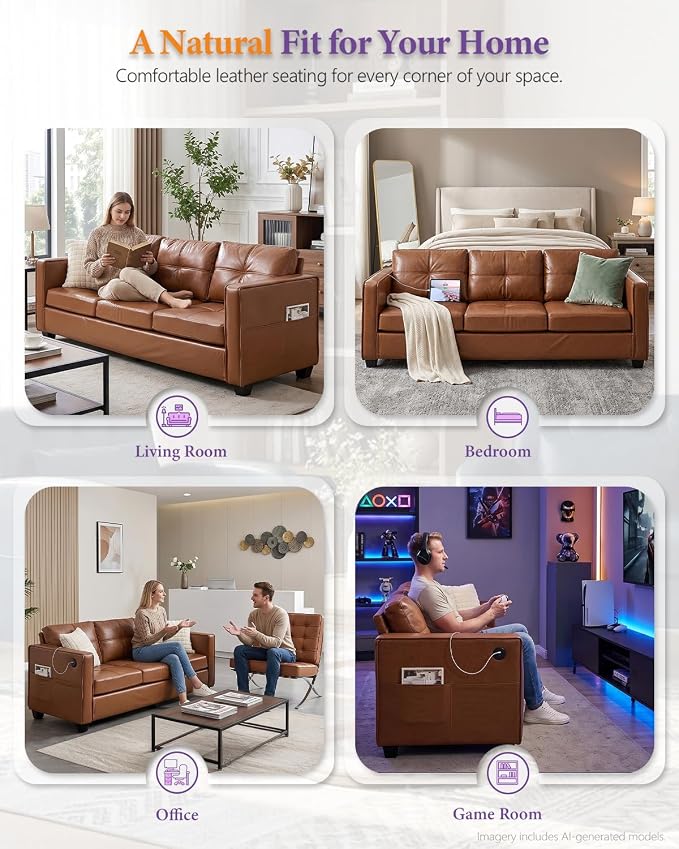 TYBOATLE 88" W Faux Leather Couches for Living Room w/Side Pockets, Tufted Mid-Century Modern Comfy Leather Couch w/USB and Wider Arms, 3 Seater Sofa for Office, Apartment, Bedroom, Brown