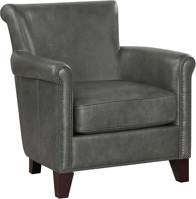 Lexicon 100% Top Grain Genuine Leather Chair, Leather Accent Chairs for Living Room, Solid Wood Frame, Rolled Armrest & Nailhead Trim, Comfy Reading for Bedroom, Office, Waiting Room, Gray