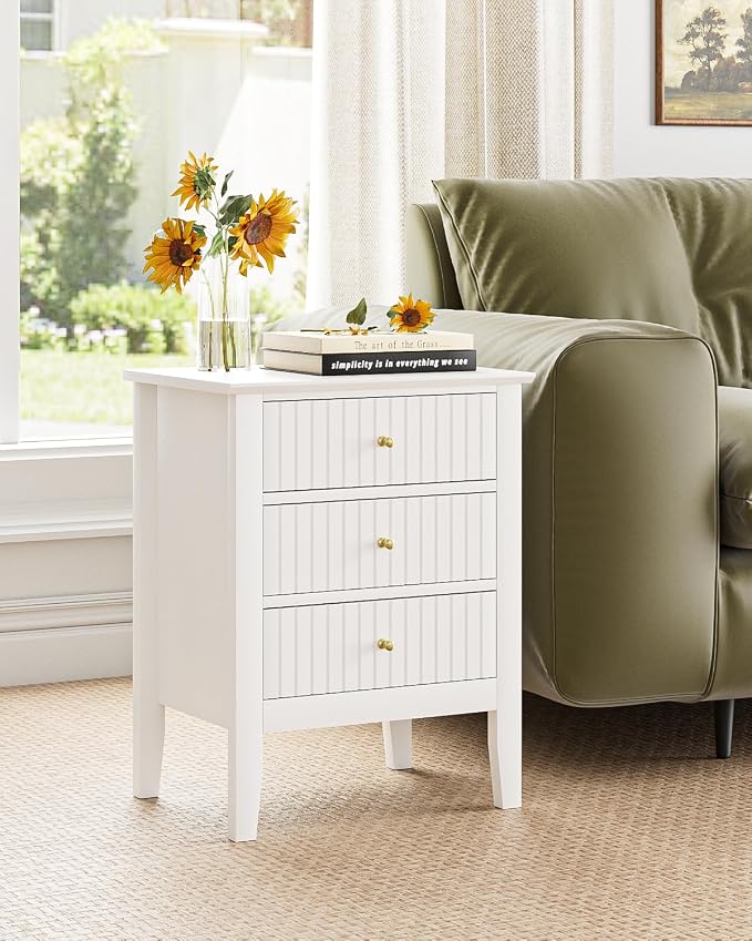 Fluted Nightstand, Farmhouse Night Stand with 3 Drawers, Mid Century Modern Side Accent Table,Bedside End Table for Bedroom, Living Room, White
