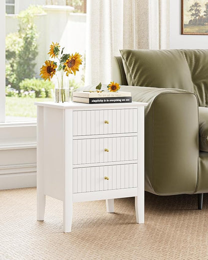 Fluted Nightstand, Farmhouse Night Stand with 3 Drawers, Mid Century Modern Side Accent Table,Bedside End Table for Bedroom, Living Room, White