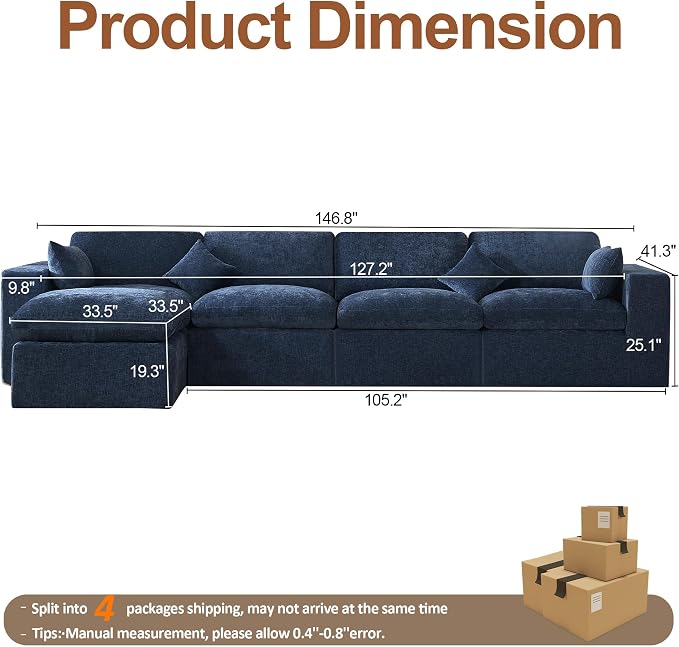 146''Cloud Boneless Sectional Couch, Modular Sectional Sofa Deep Seat with Ottoman, Oversized Upholstered Convertible Comfy 5 Seater Chenille Sofa L Shape Couches for Living Room, Navy