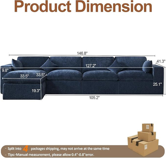 146''Cloud Boneless Sectional Couch, Modular Sectional Sofa Deep Seat with Ottoman, Oversized Upholstered Convertible Comfy 5 Seater Chenille Sofa L Shape Couches for Living Room, Navy