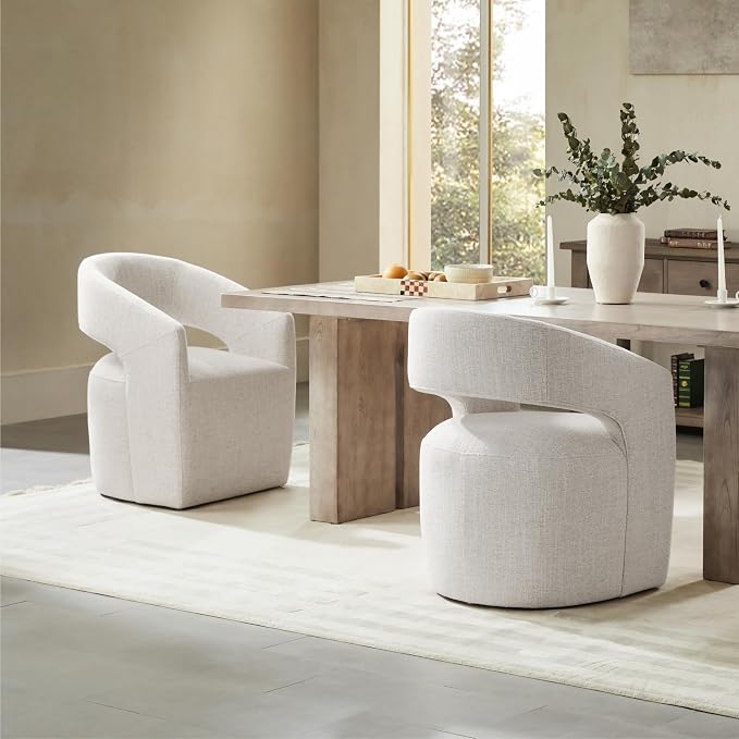 KISLOT Upholstered Dining Chairs with Casters, No Assembly Modern Barrel Armchair with Rollers for Dining Room, Bedroom, Living Room, Reading Room, Home Office, Set of 1, Beige
