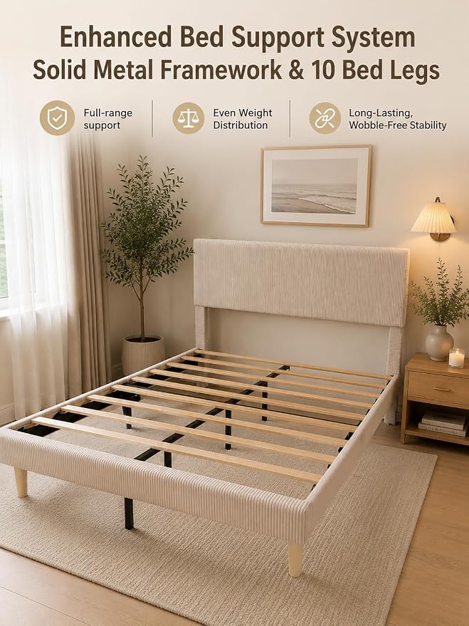 Bestier Queen Bed Frame with Headboard,Platform Queen Size Bed Frame with LED Lighting,Bed Frame Wooden Slats Support,No Box Spring Needed,Never Squeaks, Easy Assembly,Beige