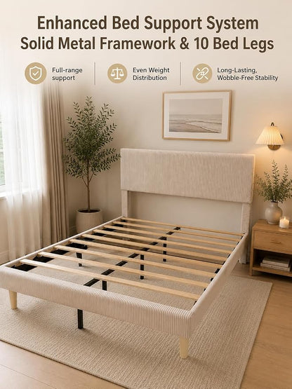 Bestier Queen Bed Frame with Headboard,Platform Queen Size Bed Frame with LED Lighting,Bed Frame Wooden Slats Support,No Box Spring Needed,Never Squeaks, Easy Assembly,Beige
