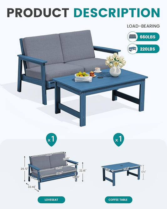 SERWALL Outdoor Loveseat, Blue Frame and Grey Cushion