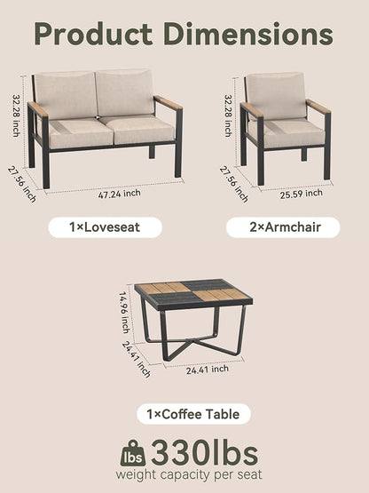 4 Piece Patio Furniture Set, All-Weather Sectional Sofa with 4 Inch Thick Cushions, 210g Fade-Resistant Spun-Dye Fabric, Outdoor Conversation Set with Coffee Table, Beige