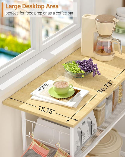 Kitchen Island with 3 Shelves, Rolling Kitchen Cart with 6 Hooks and Protective Shelf, Microwave Stand on Lockable Wheels, Bakers Rack Coffee Bar for Dining, Living Room, Outdoor, Metal Frame, White