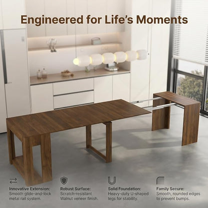 Extendable Foldable Dining Room Table for 1-12 People, Wood Multifunctional Rectangle Expandable Console Kitchen Living Meeting Room Furniture, Walnut