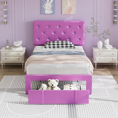 VECELO Twin Size Bed Frame with Storage Drawers, Leather Upholstered with Diamond Tufted Headboard, Solid Wood Slat Support, No Box Spring Needed, PU & Purple