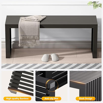Bamboo Dining Bench, 35'' Slatted Design Entryway Bench, Black | Modern Solid Bamboo Seating Bench for Indoor & Outdoor Use, Ideal for Kitchen, Hallway, Bedroom