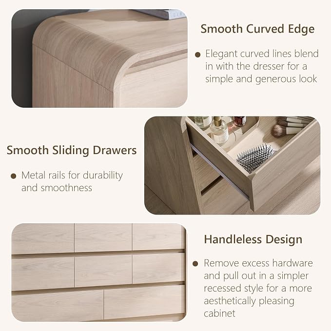 Aitjunz Modern 8 Drawers Dresser for Bedroom, 55" Wide Wood Dressers, Cream | Wooden Dressers & Chest of Drawers with Curved Profile Design, Mid Century Storage Dressers Organizer with Handleless Design