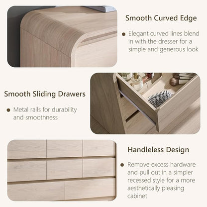 Aitjunz Modern 8 Drawers Dresser for Bedroom, 55" Wide Wood Dressers, Cream | Wooden Dressers & Chest of Drawers with Curved Profile Design, Mid Century Storage Dressers Organizer with Handleless Design