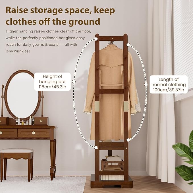 Taitiy Coat Rack Solid Wood Clothes Rack with 2 Shelves & 5 Hooks for Hanging Clothes Garment Wallets Hats, Clothing Rack Heavy Duty Coat Rack Freestanding with Storage Hall Tree for Hallway Bedroom
