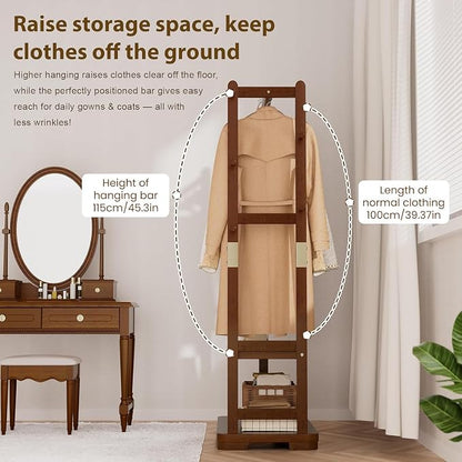Taitiy Coat Rack Solid Wood Clothes Rack with 2 Shelves & 5 Hooks for Hanging Clothes Garment Wallets Hats, Clothing Rack Heavy Duty Coat Rack Freestanding with Storage Hall Tree for Hallway Bedroom