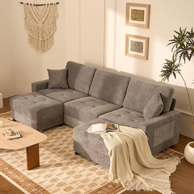 112" U Shaped Modular Cloud Sectional Couch, Waffle Fabric, Light Gray | Modular Deep Seat Sofa, Movable Ottoman, Pocket Spring Cushions, 2-Box Delivery, Living Room Lounge Use, Not Boneless