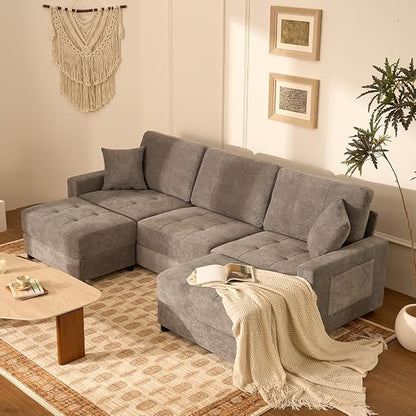 112" U Shaped Modular Cloud Sectional Couch, Waffle Fabric, Light Gray | Modular Deep Seat Sofa, Movable Ottoman, Pocket Spring Cushions, 2-Box Delivery, Living Room Lounge Use, Not Boneless