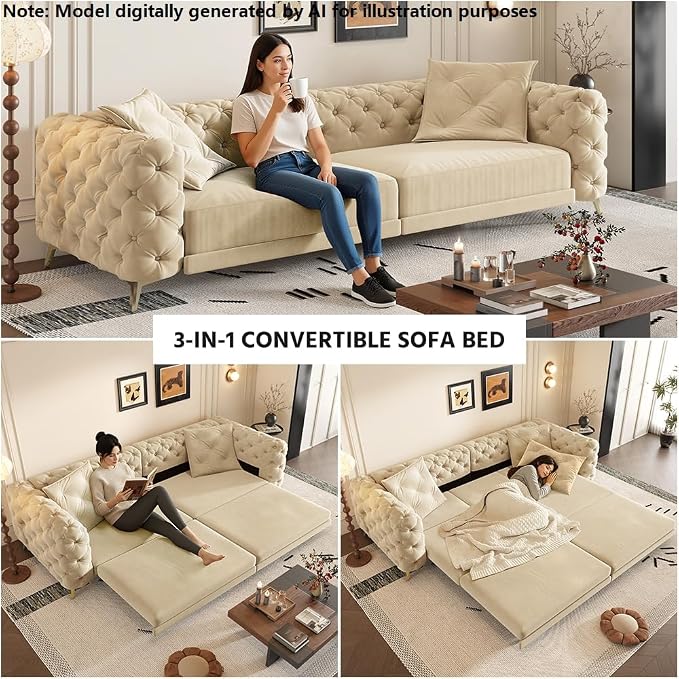 97.7'' Pull Out Sofa Bed King, Chesterfield Velvet Sleeper Sofa, Convertible L-Shaped Futon Couch, Tufted Back, Ottoman, Deep Seat Loveseat Couches for Living Room, Apartment, Honey Beige