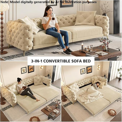 97.7'' Pull Out Sofa Bed King, Chesterfield Velvet Sleeper Sofa, Convertible L-Shaped Futon Couch, Tufted Back, Ottoman, Deep Seat Loveseat Couches for Living Room, Apartment, Honey Beige