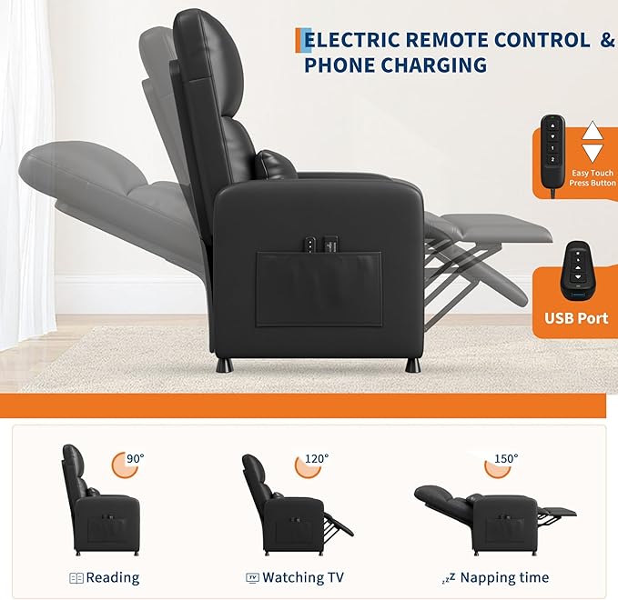 GarveeHome Power Recliner Chair with Massage and Heat, Adjustable Electric Recliner Ergonomic Overstuffed PU Leather Single Sofa, 2 Side Pockets and USB Port, Home Theater Seating for Living Room