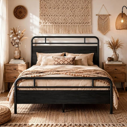 SHA CERLIN Queen Size Bed Frame with Vintage Industrial Wood Headboard, Heavy Duty Metal Platform, 12 Inch Under Bed Storage, Noise-Free, No Box Spring Needed, Easy Assembly, Black