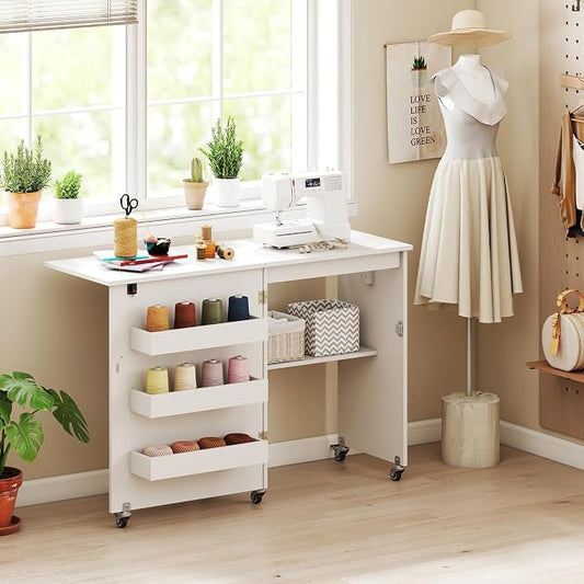 Giantex Folding Sewing Table with Charging Station, Rolling Craft Table with Storage Trays & Shelf, Foldable Sewing Machine Cabinet Desk with Lockable Wheels for Small Spaces (White)