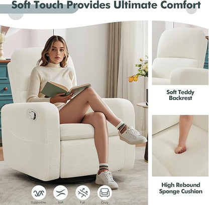 Swivel Rocker Recliner, Oversized Boucle Glider Recliner Nursery, Teddy Manual Swivel Rocking Reclining Chairs with Removable Cushion and Lumbar Support for Nursery Living Room Bedroom, White