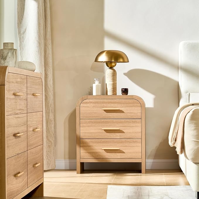 Night Stand Set of 2 [Unique Curved Profile] [FSC-Certified Wooden Board] 3-Drawer Nightstand 26.7" H Metal Handle Modern Sturdy Bedside Table Side Table End Table