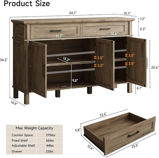 ONBRILL 55 Inch Buffet Cabinet with Storage, Farmhouse Sideboard Buffet w/2 Drawers and 3 Doors, Coffee Bar Cabinet with Adjustable Shelves, Sideboard Storage for Kitchen, Living Room, Washed Grey