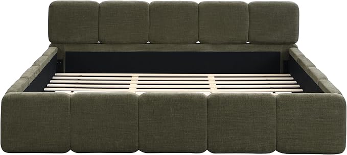 Merax King Size Boucle Platform Bed with Thick Headboard and Footboard, Block Style Upholstery Floor Bed Frame, Green