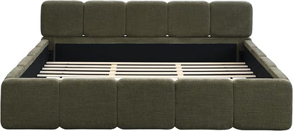 Merax California King Size Boucle Platform Bed with Thick Headboard and Footboard, Block Style Upholstery Floor Bed Frame, Green