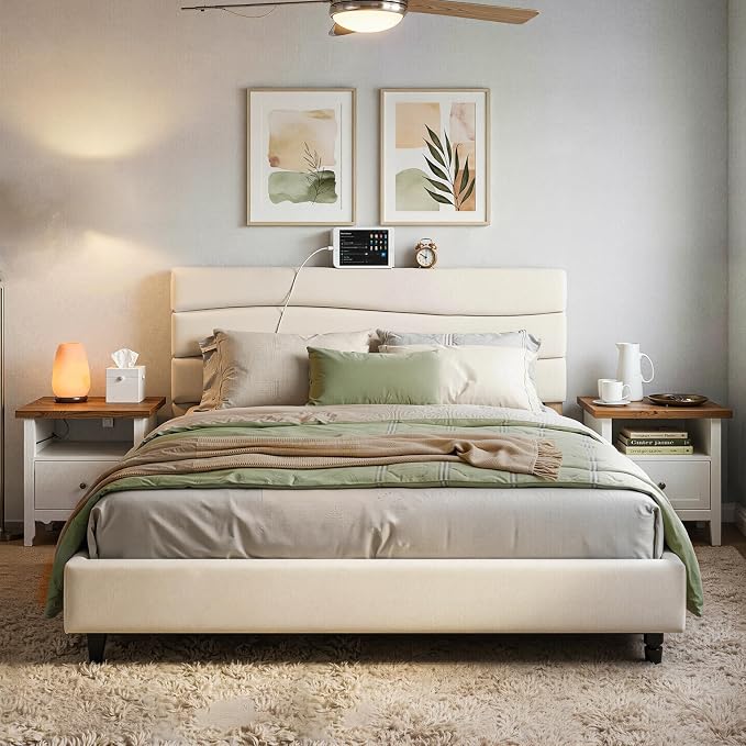 EnHomee King Size Platform Bed Frame with Headboard, Adjustable Height, Wooden Slats,Charging Stations,Noise-Free, No Box Spring Needed,Easy Assembly,Beige