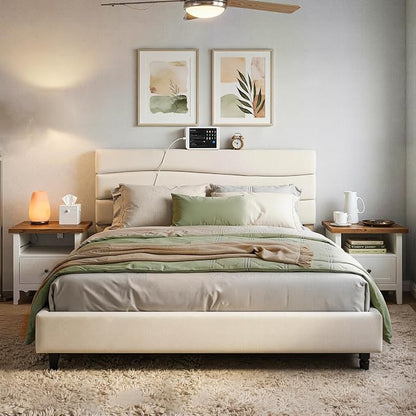 EnHomee King Size Platform Bed Frame with Headboard, Adjustable Height, Wooden Slats,Charging Stations,Noise-Free, No Box Spring Needed,Easy Assembly,Beige
