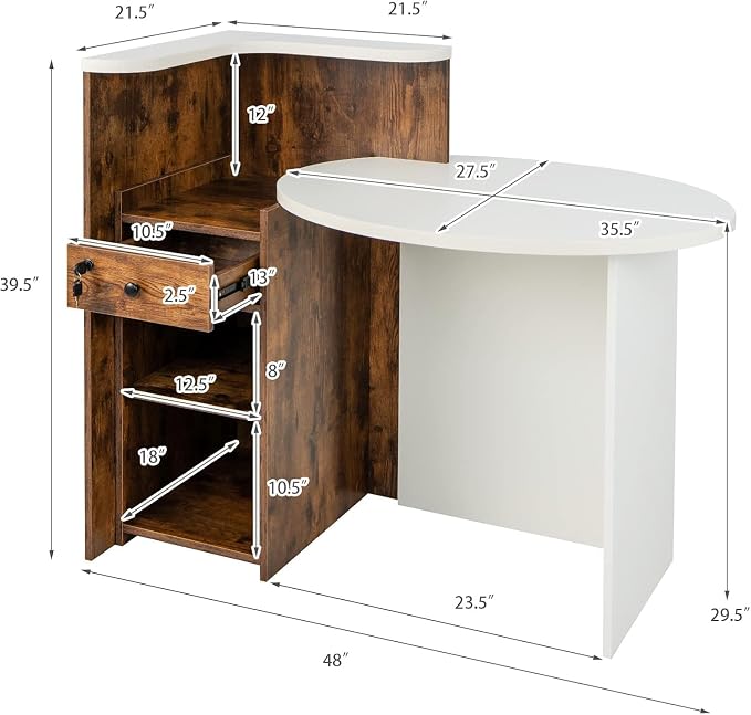 Reception Desk, Retail Checkout Counter w/Lockable Drawer & Open Shelves, Computer Workstation, Small Front Desk Reception Counter for Company Lobby Store Salon Office (White & Rustic Brown)