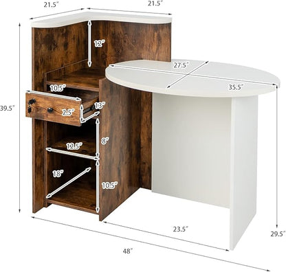 Reception Desk, Retail Checkout Counter w/Lockable Drawer & Open Shelves, Computer Workstation, Small Front Desk Reception Counter for Company Lobby Store Salon Office (White & Rustic Brown)