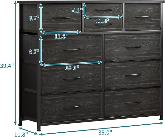 LUMTOK 10-Drawer Dresser, Fabric Storage Tower with Drawers for Bedroom, Dresser Drawer with Handle for Bedroom, Living Room, Hallway, Closets & Nurseryteel Frame, Wood Top (Black Wood Veins)