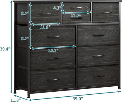 LUMTOK 10-Drawer Dresser, Fabric Storage Tower with Drawers for Bedroom, Dresser Drawer with Handle for Bedroom, Living Room, Hallway, Closets & Nurseryteel Frame, Wood Top (Black Wood Veins)