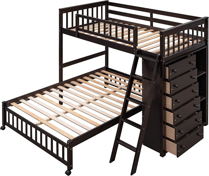 Merax Twin Over Full Bunk Bed with 6 Drawers and 3 Flexible Shelves, Wooden Bunk Bedframe with Storage and Movable Lower Bed, No Box Spring Needed