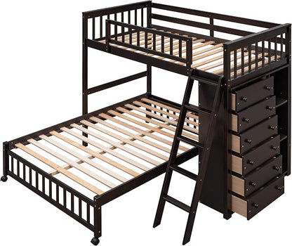 Merax Twin Over Full Bunk Bed with 6 Drawers and 3 Flexible Shelves, Wooden Bunk Bedframe with Storage and Movable Lower Bed, No Box Spring Needed
