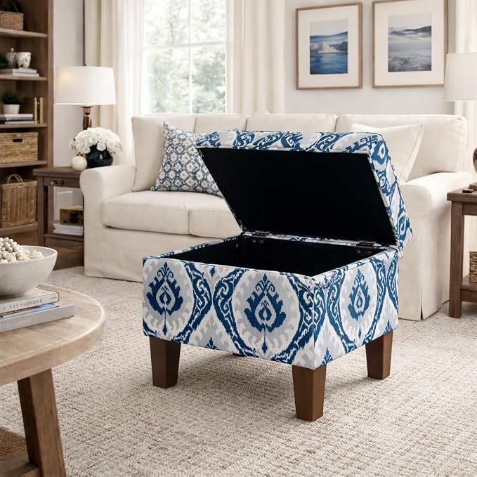 HomePop 22" Modern Rectangular Storage Ottoman - Blue Ikat Medallion Print