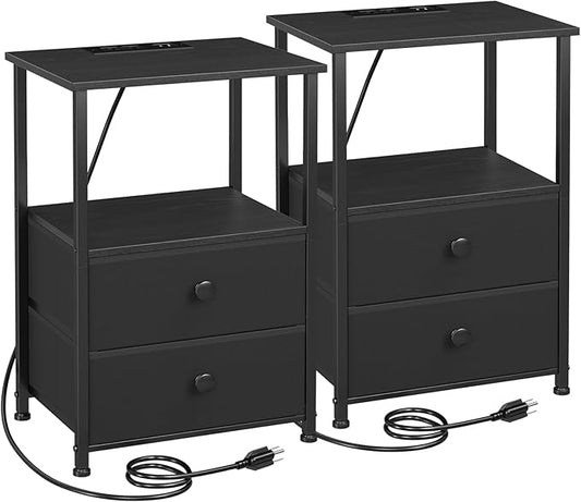 LOAKEKEL Night Stand Set 2, Black Nightstand with Charging Station, End Tables with Storage Shelf for Small Spaces, Bedside Table Side Tables with 2 Fabric Drawers for Bedroom, HETS020BK