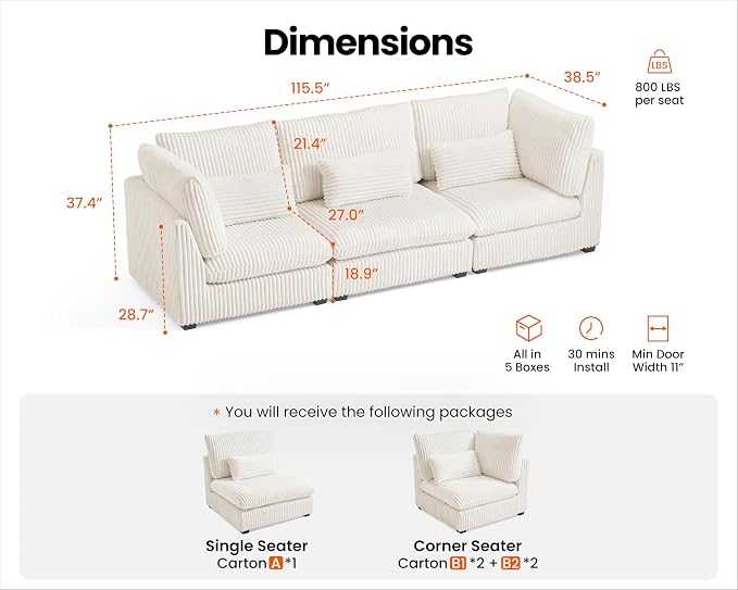 115" Oversized Corduroy Couch Modular Sectional Sofa, Washable Cloud Couch Sectional, 3 Seater Sectional Couches for Living Room, Fully Cover Removable, Basic 3 Seater, Corduroy, White