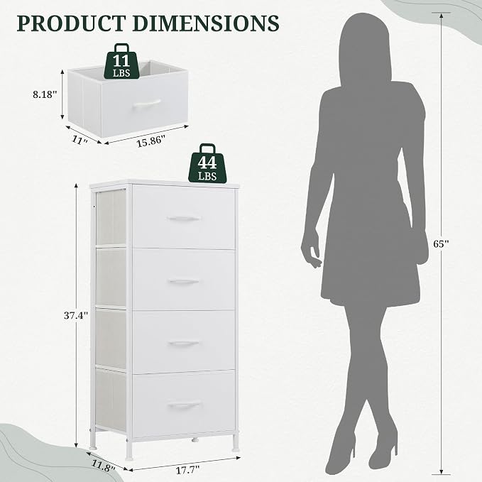 4 Drawers Dresser for Bedroom, Fabric Storage Tower Organizer with Wooden Top and Steel Frame, Tall Chest of Drawers for Closet, Entryway, Dorm, Ivory White